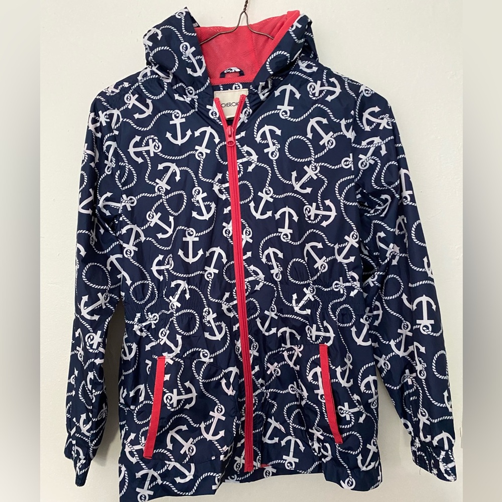 Girls Cherokee Navy & White Anchors windbreaker with hood full zip large 10-12